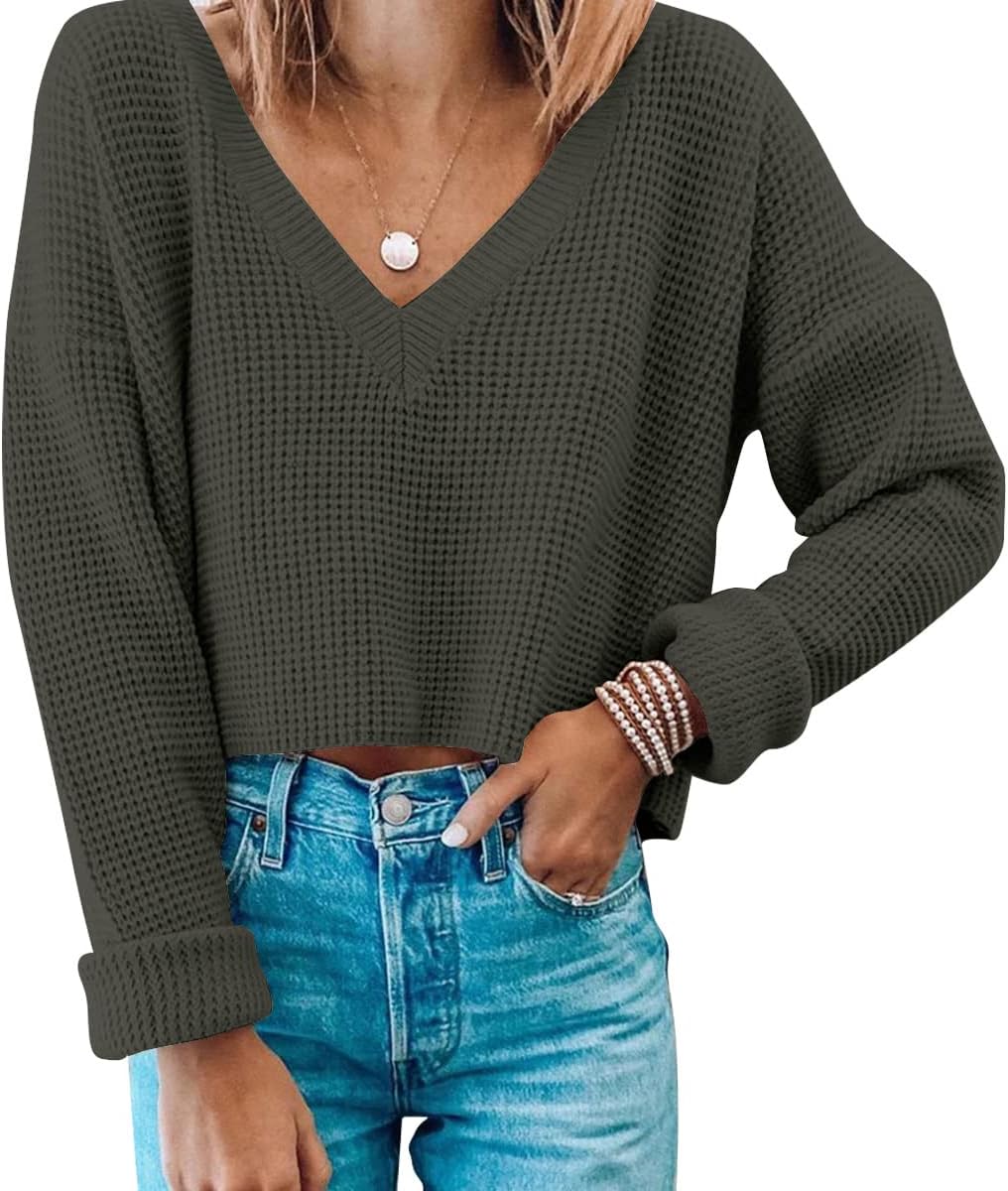Womens V Neck Waffle Knit Cropped Top Long Sleeve Pullover