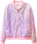 Girls Ombre Sequin Bomber Jacket Long Sleeve Zipper - Sparkle Gradient