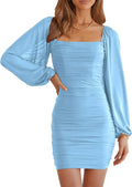 Women Square Neck Lantern Sleeve Ruched Bodycon Mini Dress