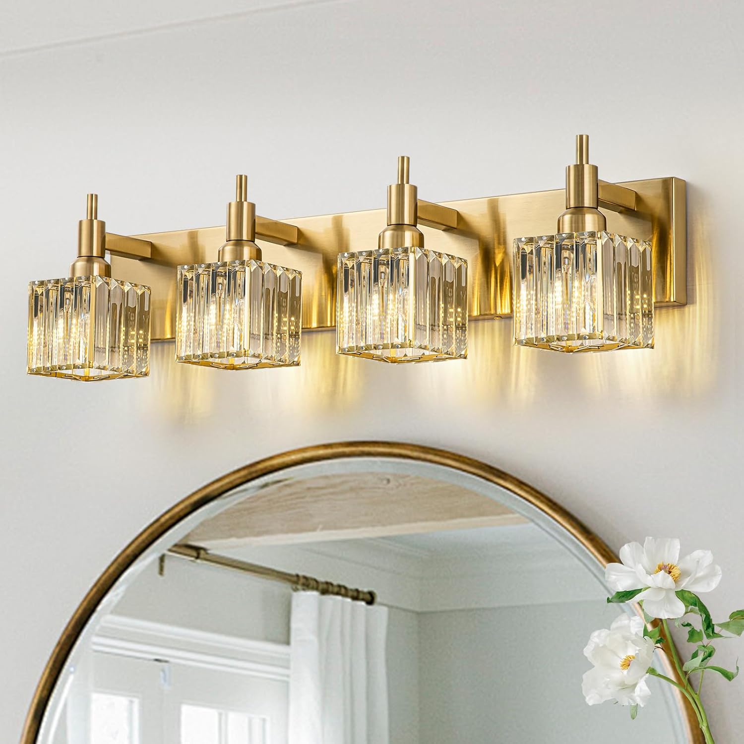 Gold Bathroom Light Fixtures with Crystal Vanity Design