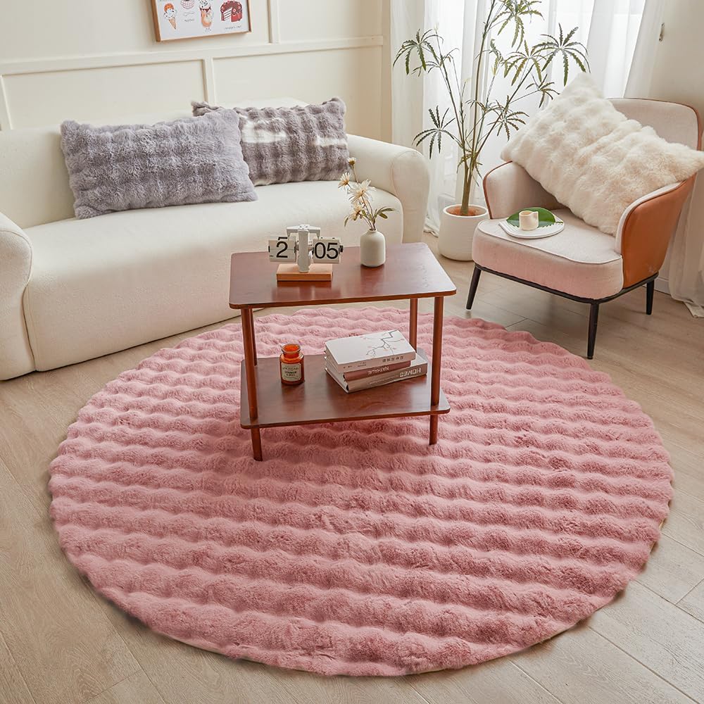 Pink Round Rabbit Plush Rug for Bedroom and Living Room Decor