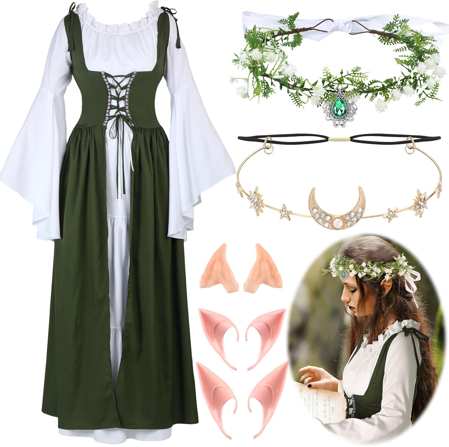 Bonuci 6 Pcs Women Medieval Renaissance Costume Set for Cosplay