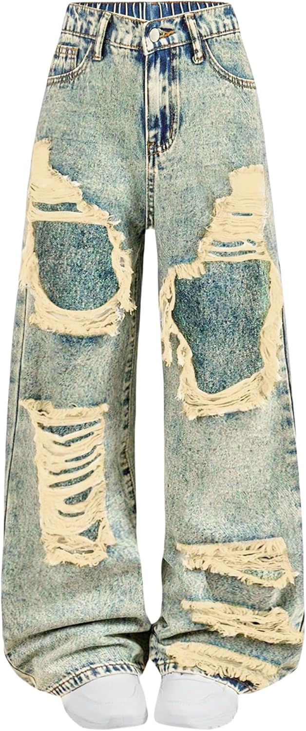 Baggy Jeans for Girls Wide Leg Ripped High Elastic Waist