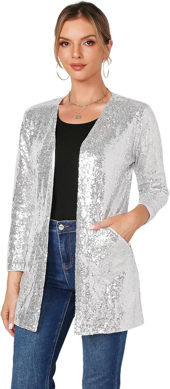 Women's Sequin Jacket Long Sleeve Open Front Blazer for Parties
