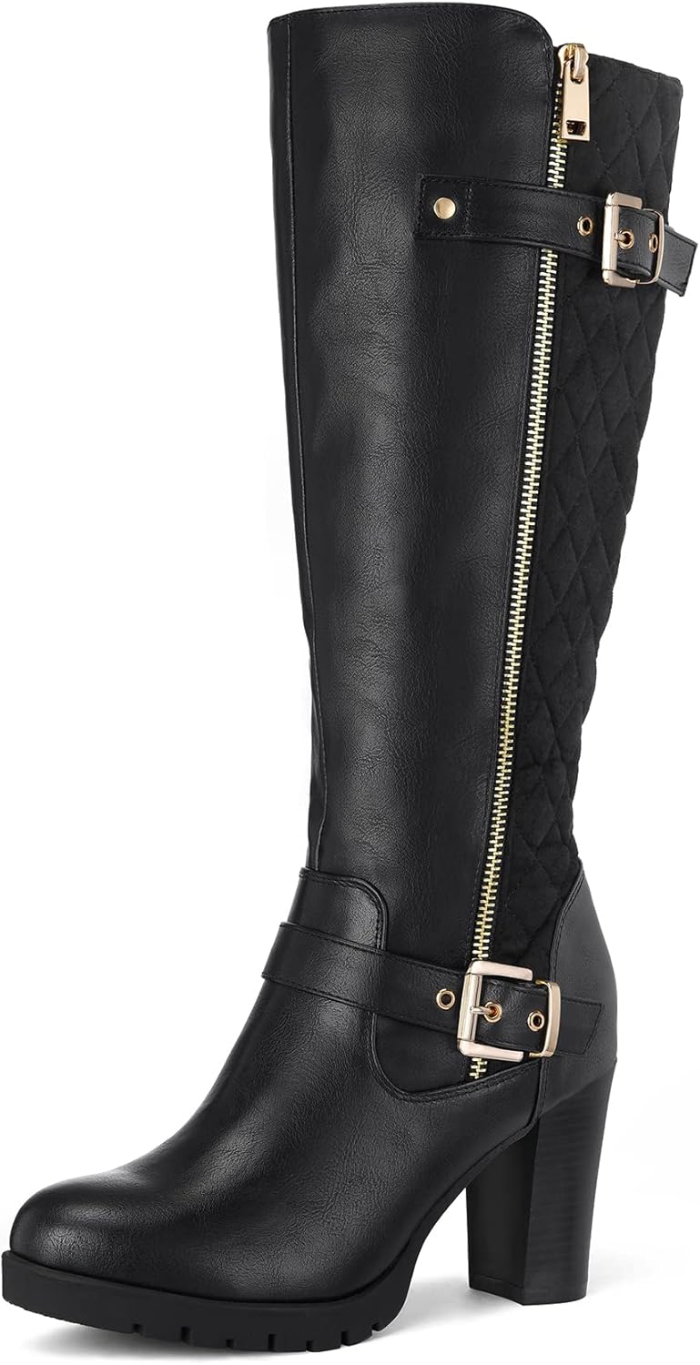 mysoft Women's Knee High Boots with Chunky Block Heel Design