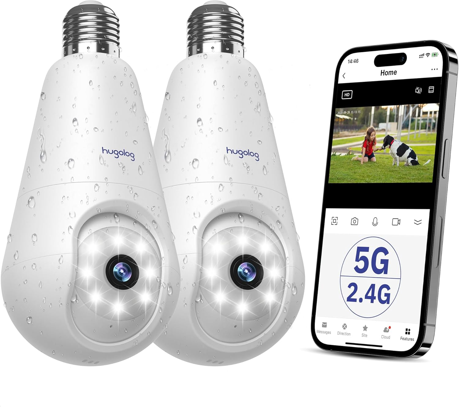 Hugolog 2K 3MP Light Bulb Security Camera for Home Safety