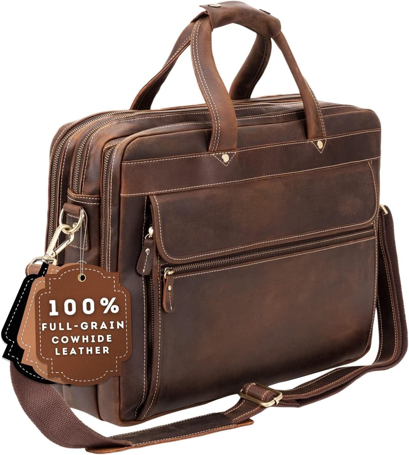 Full Grain Leather Briefcase for Men, Fits 15.6ft Laptop