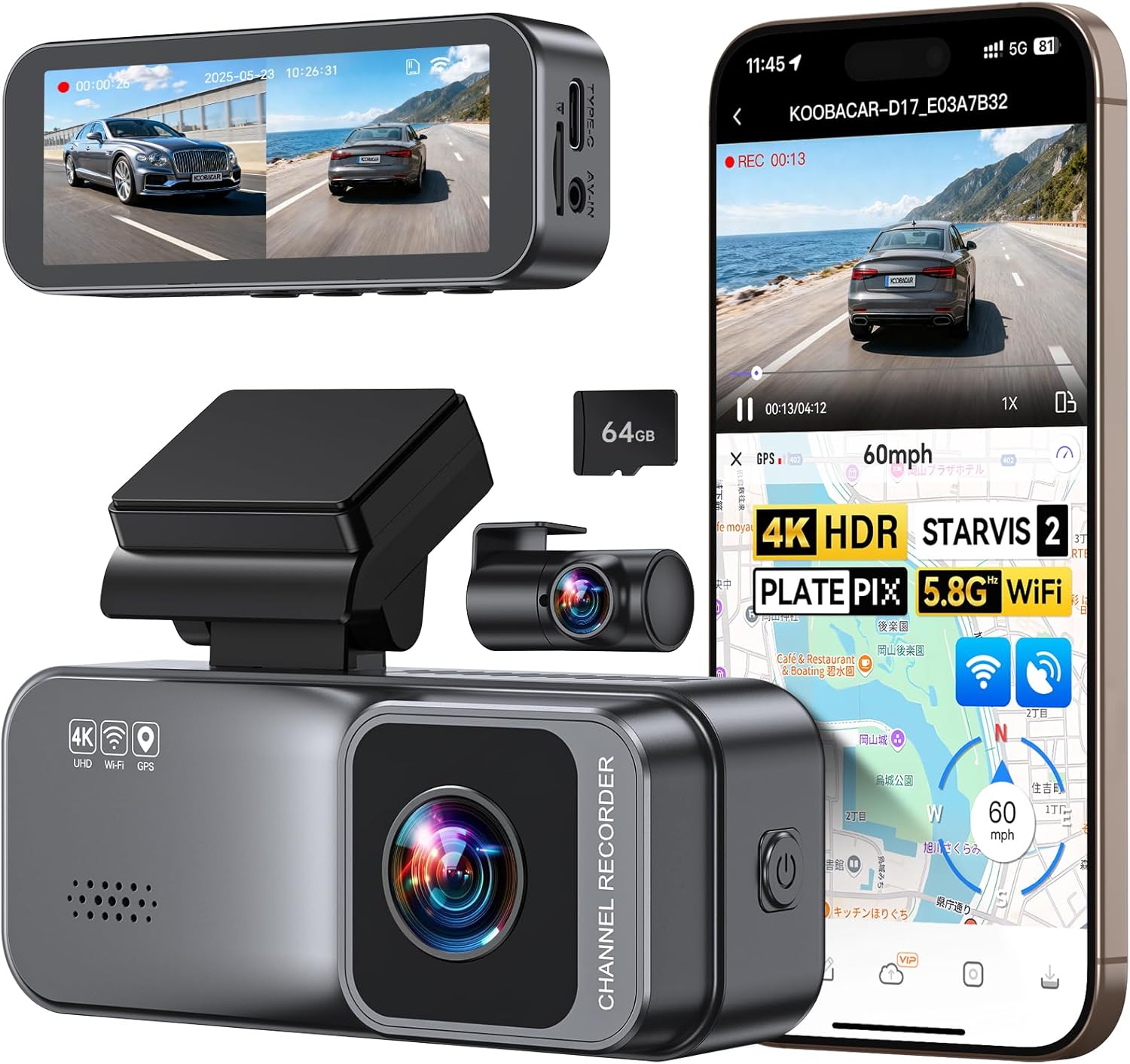 4K Dual Dash Cam with Night Vision and Built-in GPS Features