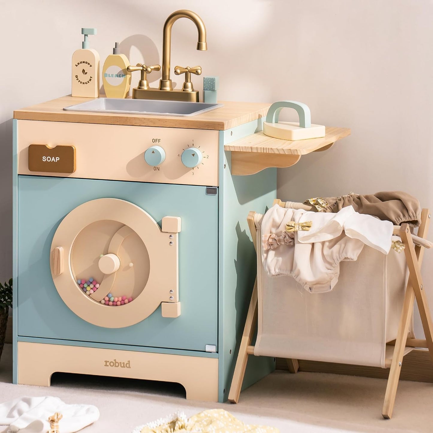 ROBUD Wooden Laundry Playset for Kids - Realistic Washer & Dryer