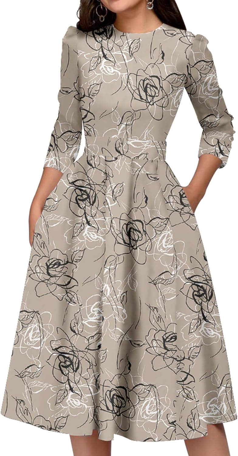 Floral Vintage Evening Dress - Elegant 3/4 Sleeves