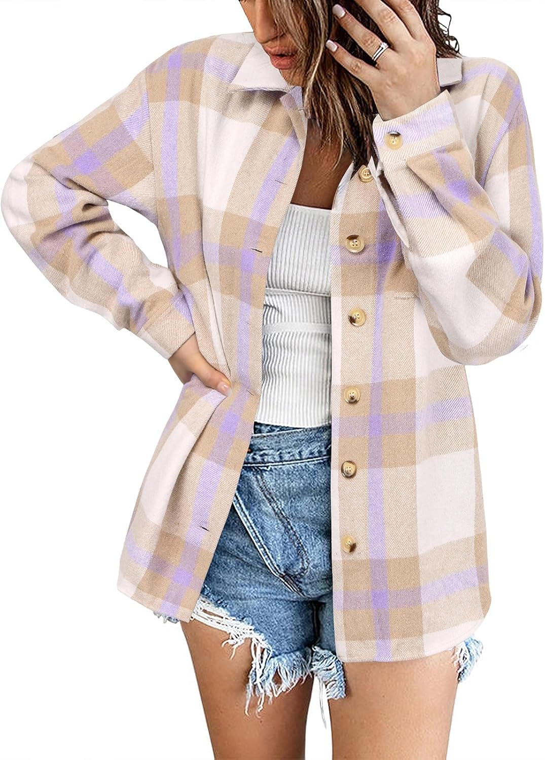 Flannel Shacket Jacket for Women - Stylish Plaid Button Down