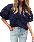 Womens Casual Summer Blouse with Puff Sleeves and Eyelet Lace