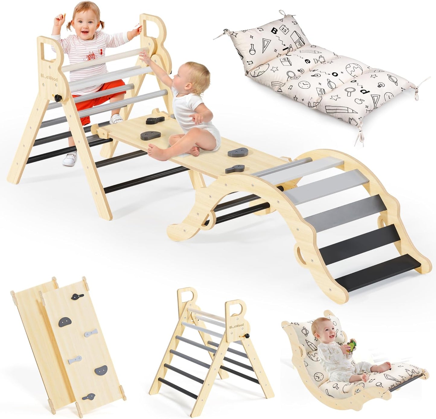 BlueWood Pikler Triangle Set: 8-in-1 Montessori Climbing Toys