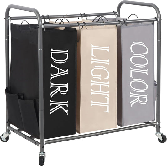 3 Section Laundry Sorter with Heavy Duty Wheels and Removable Bags