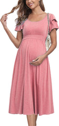 Ruffle Short Sleeve Maternity Dress High Waisted Midi (Style 8TSY)
