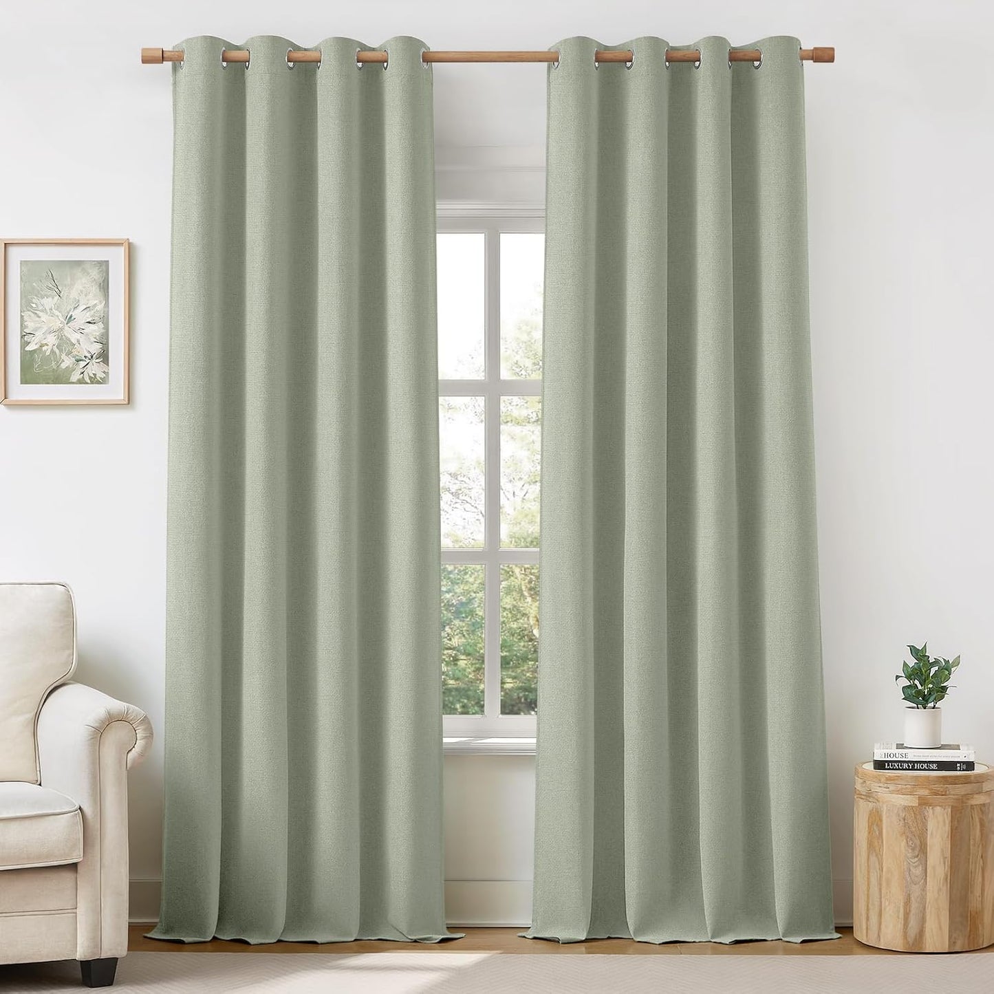 HOMEIDEAS Sage Green Linen Blackout Curtains for Bedroom