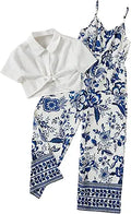 OYOANGLE Girl's 2 Piece Short Sleeve Button Down Crop Top and Wide Leg