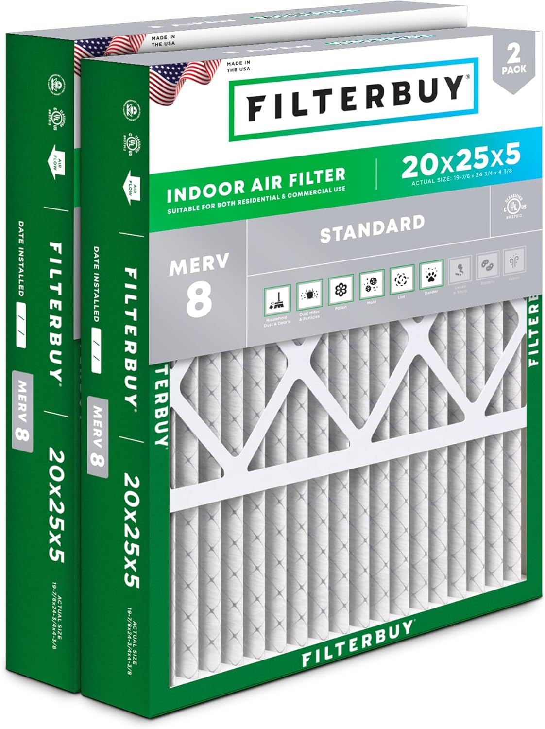 Filterbuy 20x25x5 MERV 8 Air Filter 2-Pack - Dust Defense