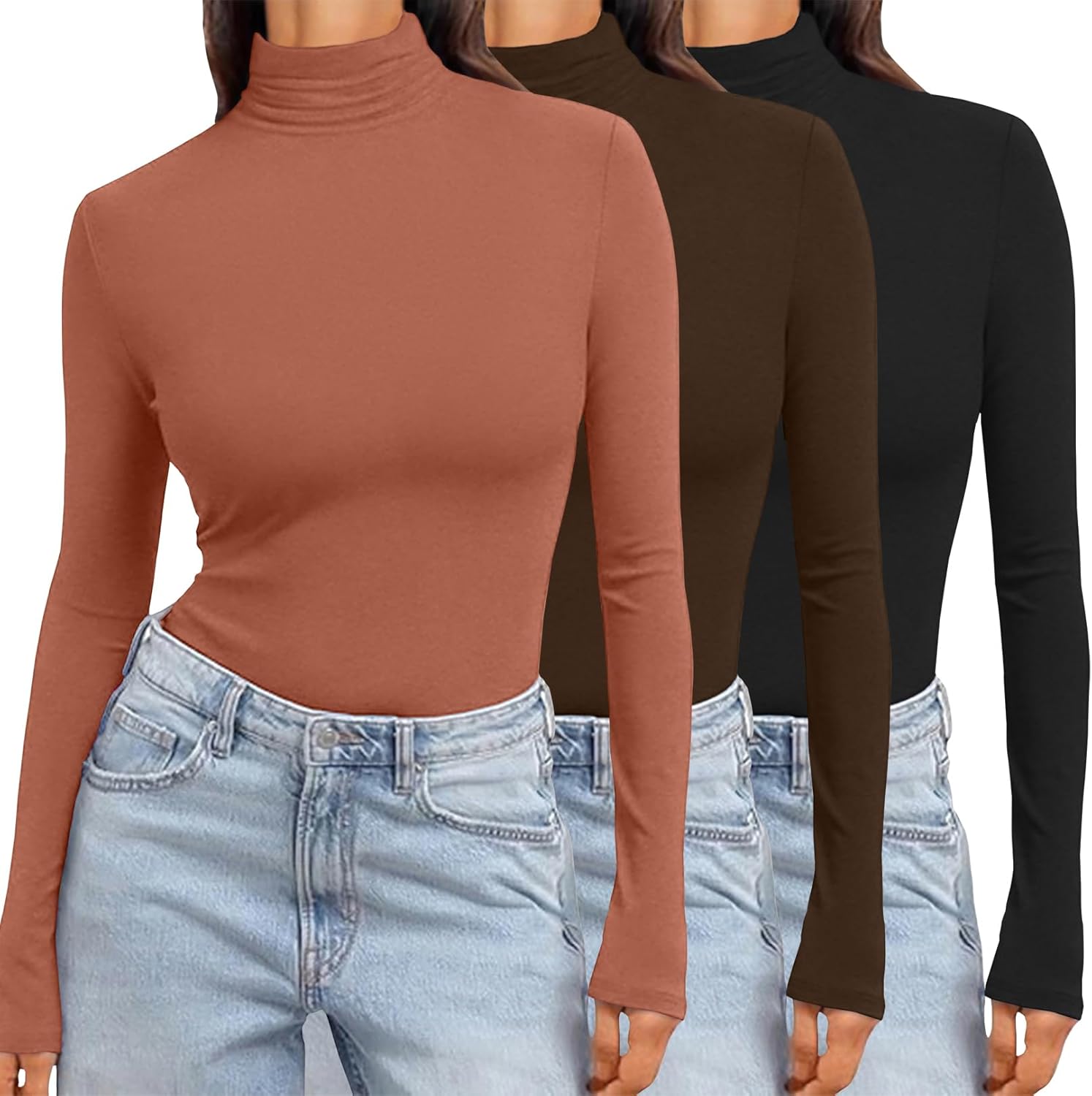 Ekouaer Women's 3 Pack Turtleneck Long Sleeve Shirts
