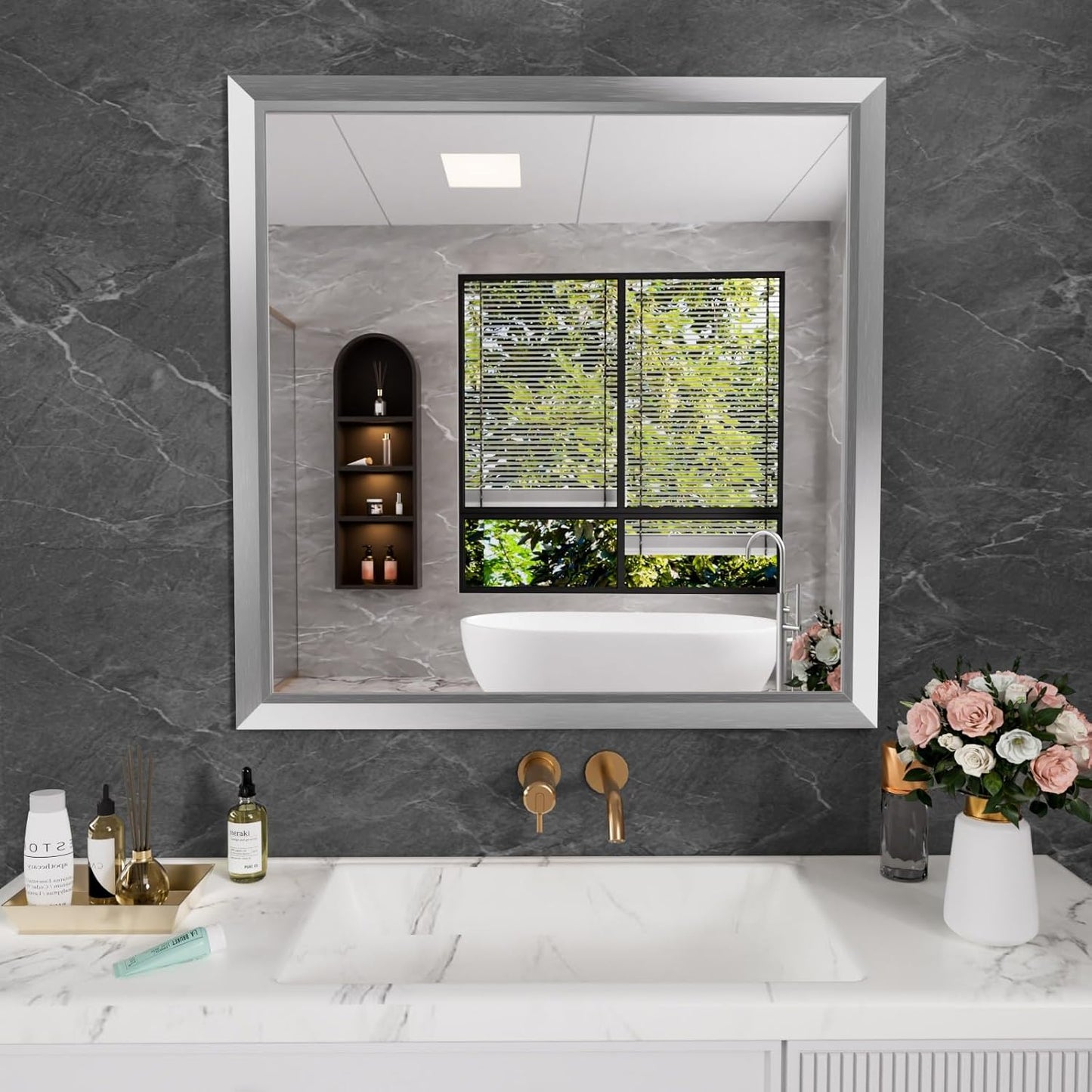 Amorho 36x36 Inch Bathroom Mirror with Thick Metal Frame