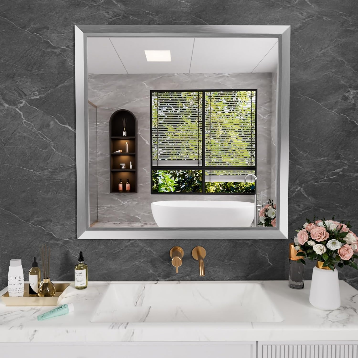 Amorho 36x36 Inch Bathroom Mirror with Thick Metal Frame