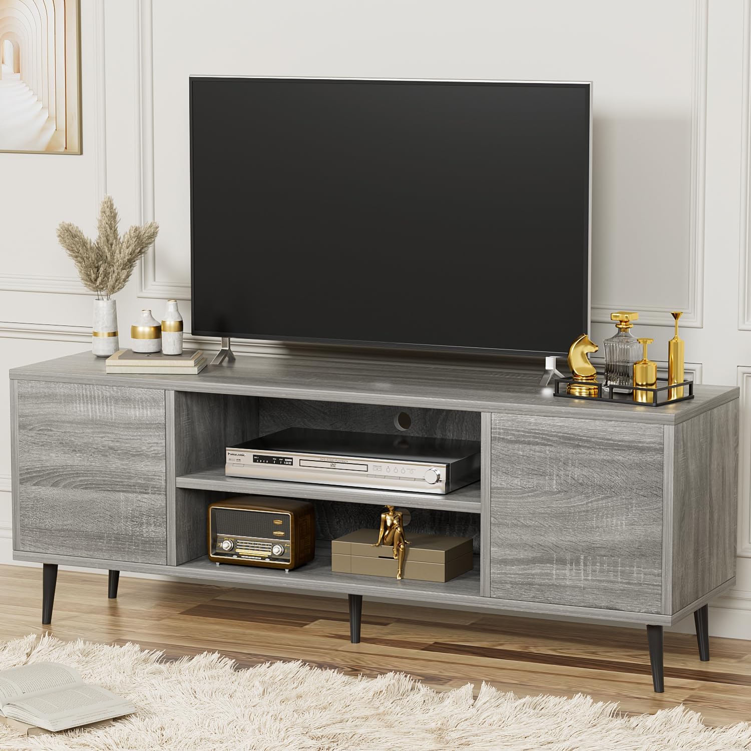 Retro TV Stand, 2 Cabinets, Modern Style, 58 in, Light Gray