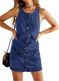 Women Sleeveless Denim Overalls Mini Dress - Button Down Summer Style