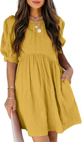 Womens Summer Crewneck Puff Sleeve Babydoll Mini Dress - With Pockets