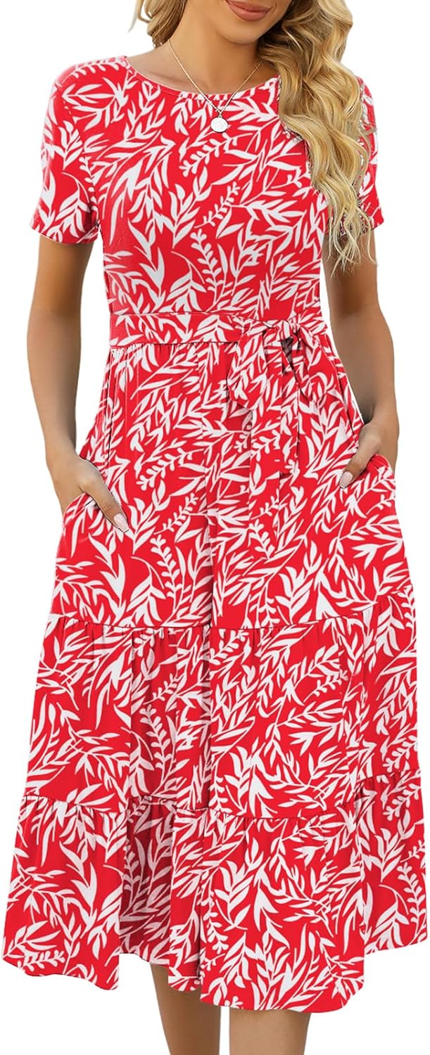 Lyrur Women's Casual Summer Tiered Midi Dress with Pockets