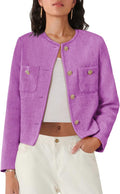 Women's Tweed Cropped Blazer Jacket - Buttoned Knit Cardigan