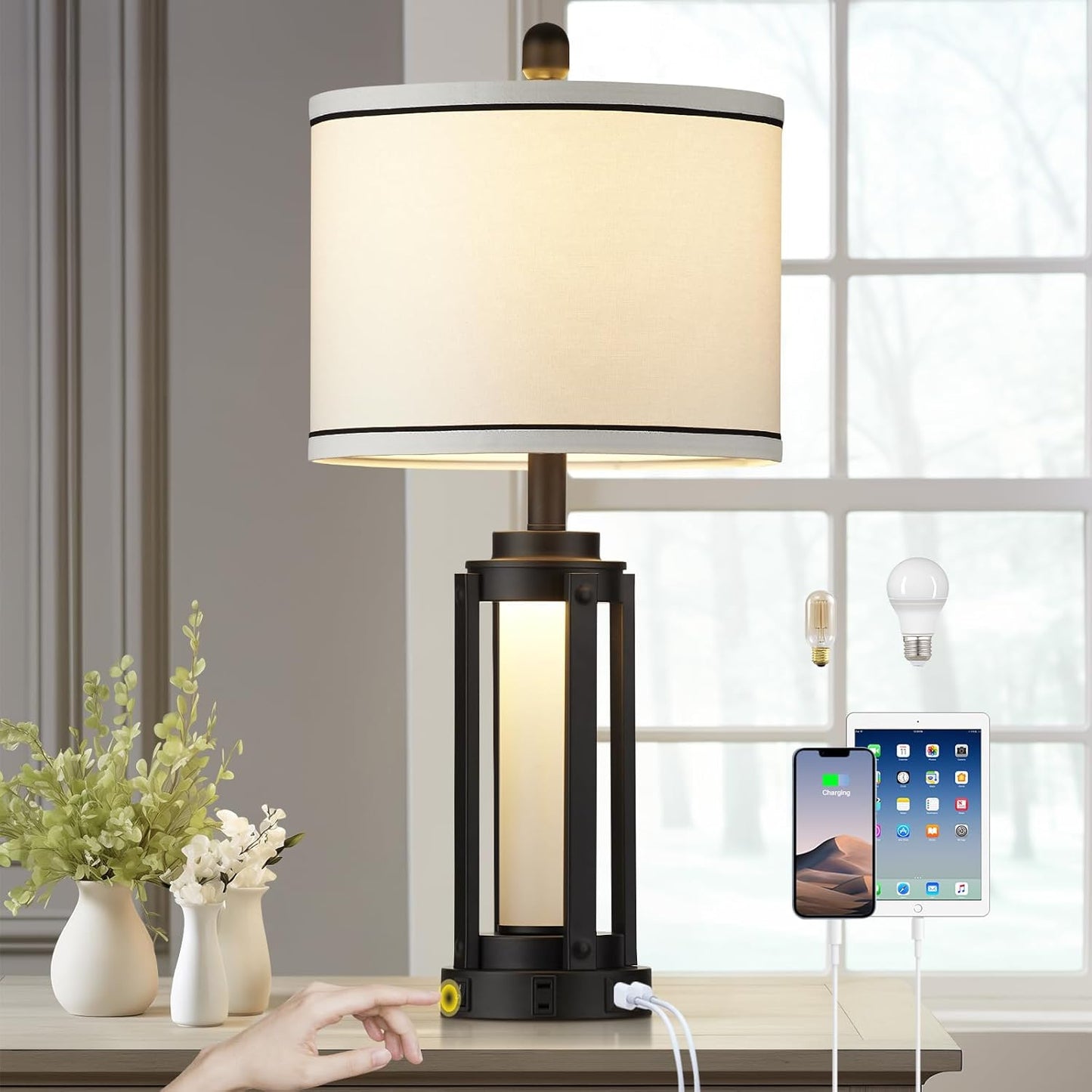 26in Modern Table Lamp with USB Charging Ports & AC Outlet