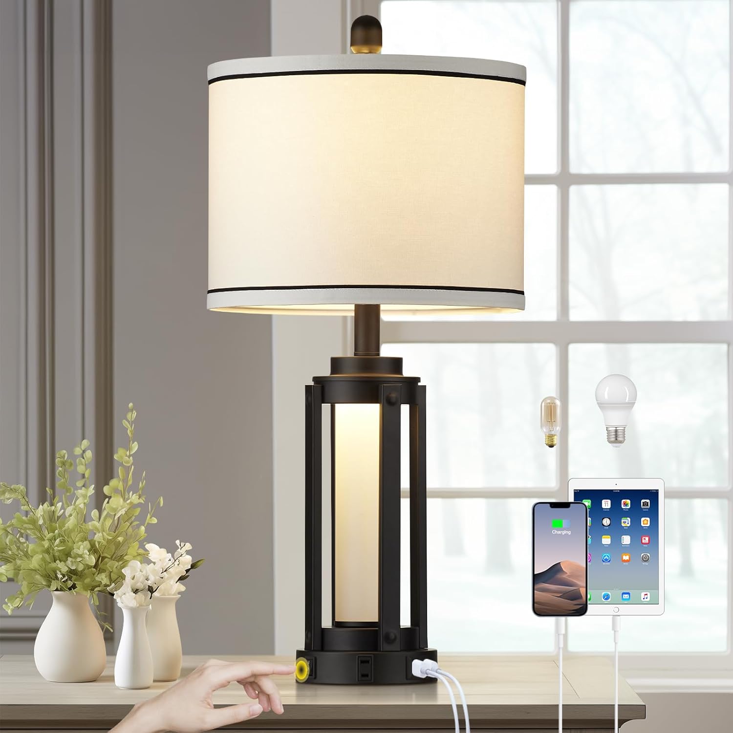 26in Modern Table Lamp with USB Charging Ports & AC Outlet