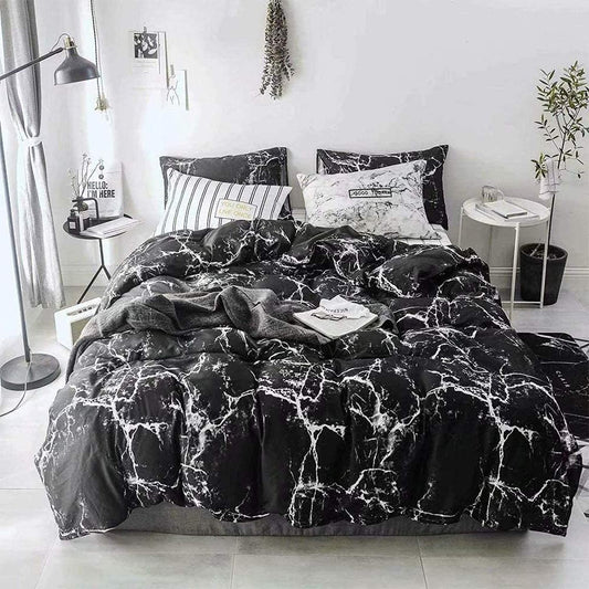 Black Grey White Queen Comforter Set 3Pcs Abstract Marble Design