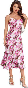 Women's Spaghetti Strap Midi Satin Slip Cowl Neck Dress - Sleek Shoes
