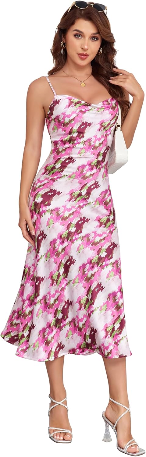 Women's Spaghetti Strap Midi Satin Silk Dress for Parties