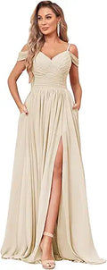 Off the Shoulder Bridesmaid Dress with Pockets - Ruched Chiffon Slit