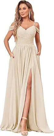 BOLENSYE Off The Shoulder Bridesmaid Dresses with Pockets