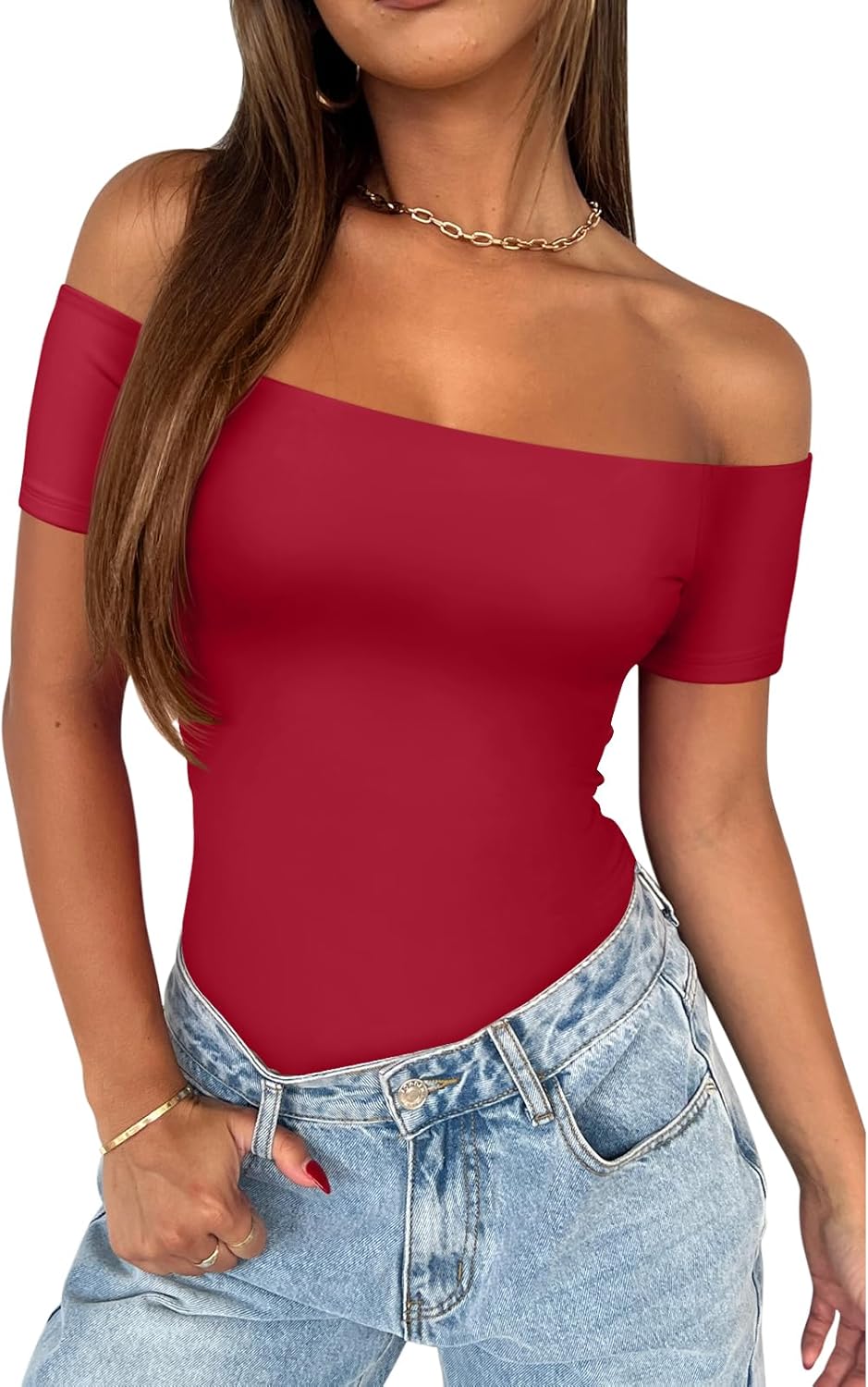 REORIA Women Sexy Off The Shoulder Thong Bodysuit for Summer