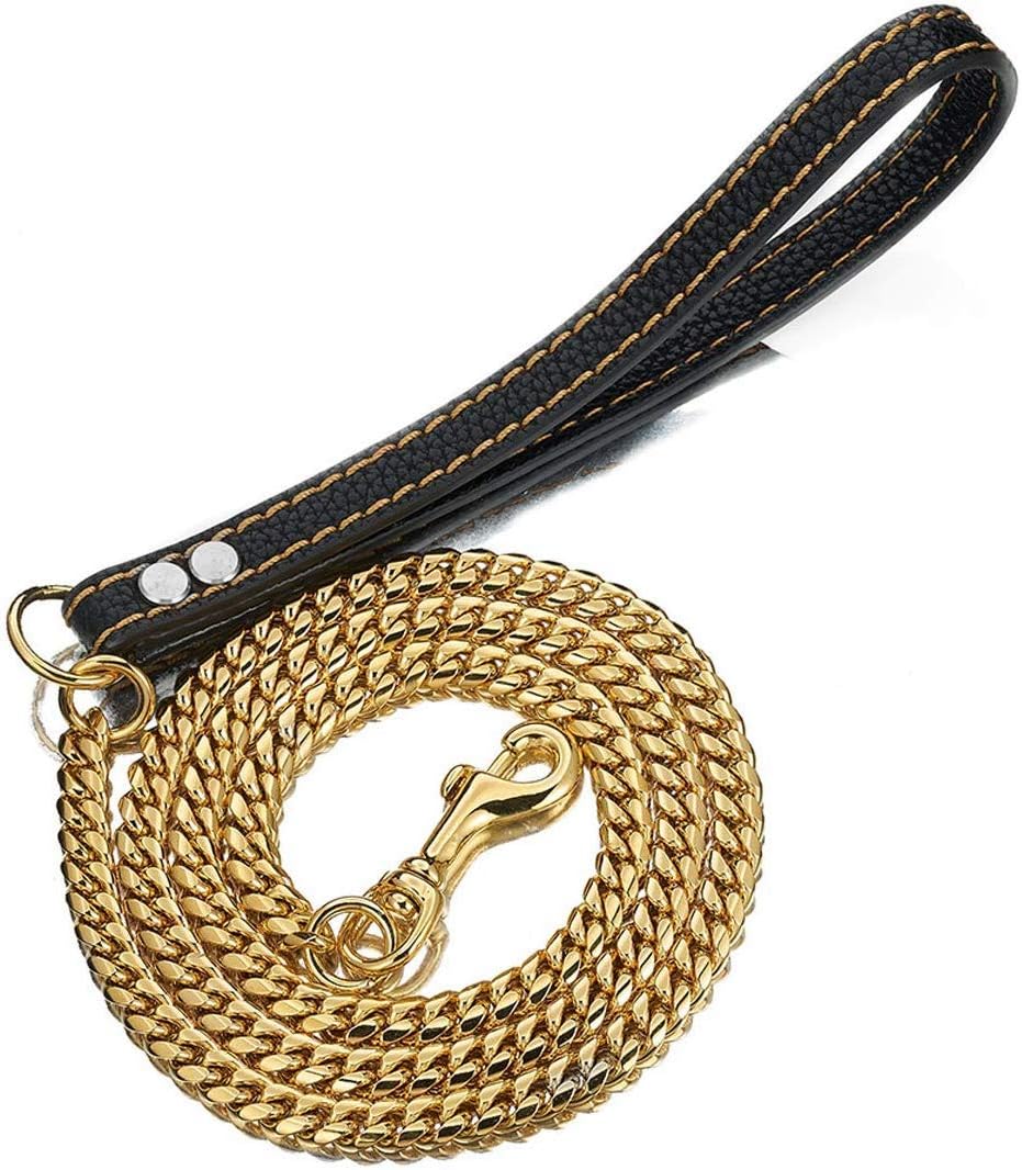 Strong Dog Chain Gold Leash 5FT with Genuine Leather Handle