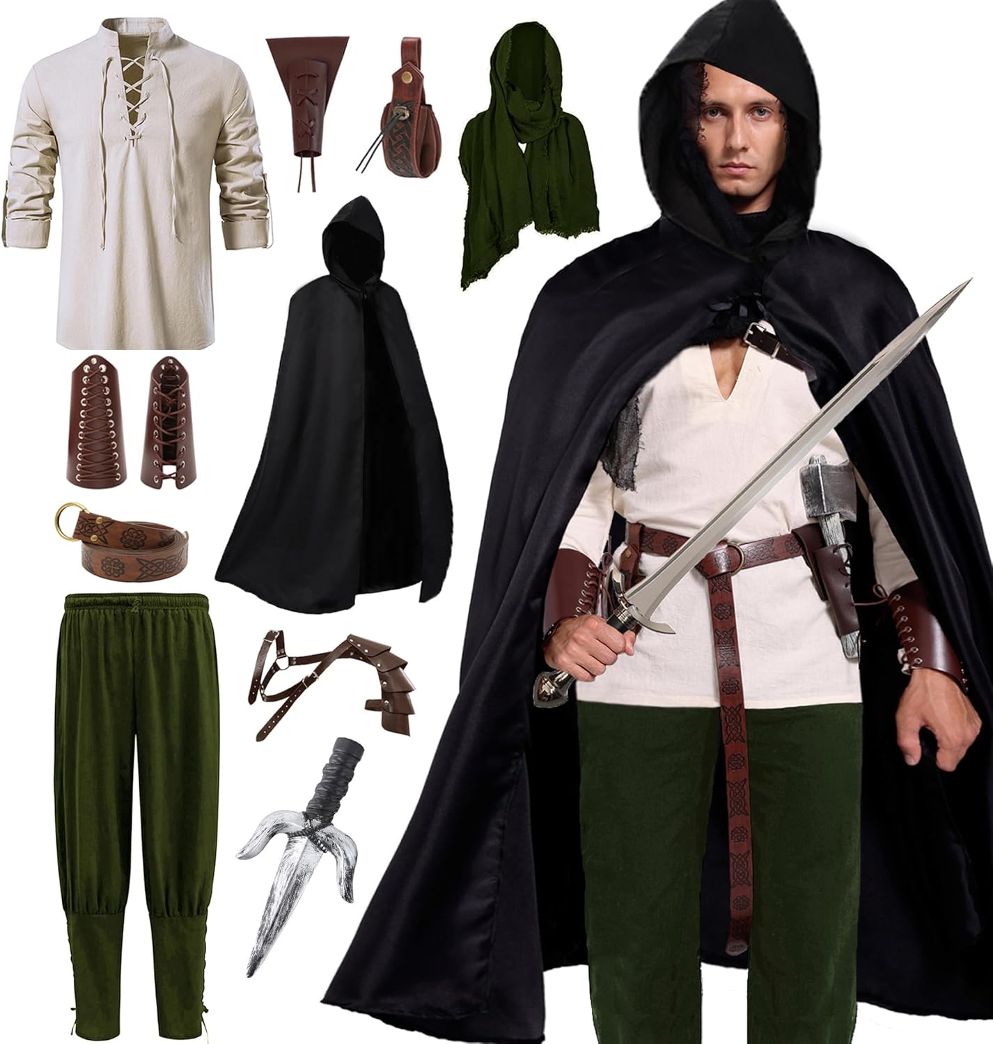 Medieval Pirate Costume Set for Men - 10 Pcs Renaissance Outfit