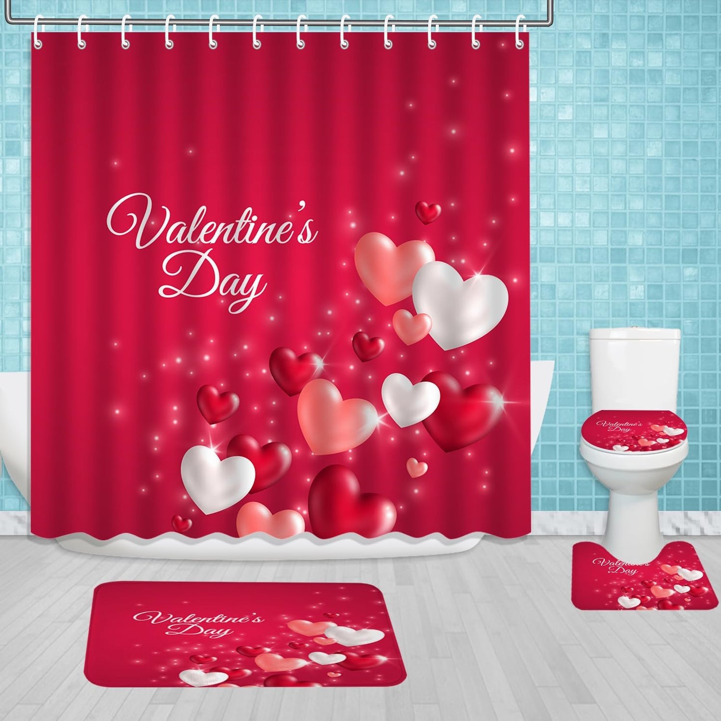 Romantic Red Heart Shower Curtain Set