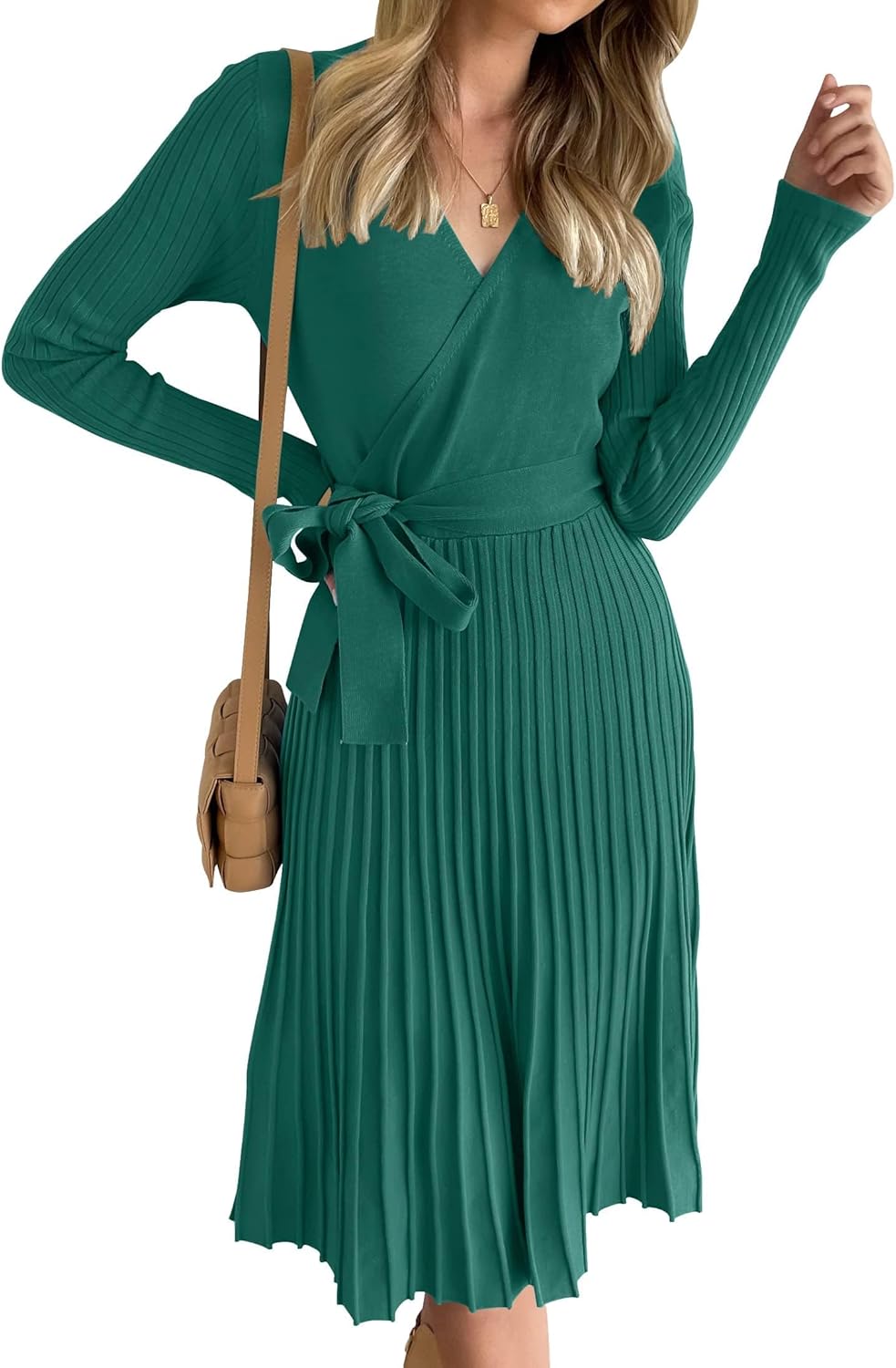 ZESICA Women's Fall Long Sleeve Wrap V Neck Sweater Dress