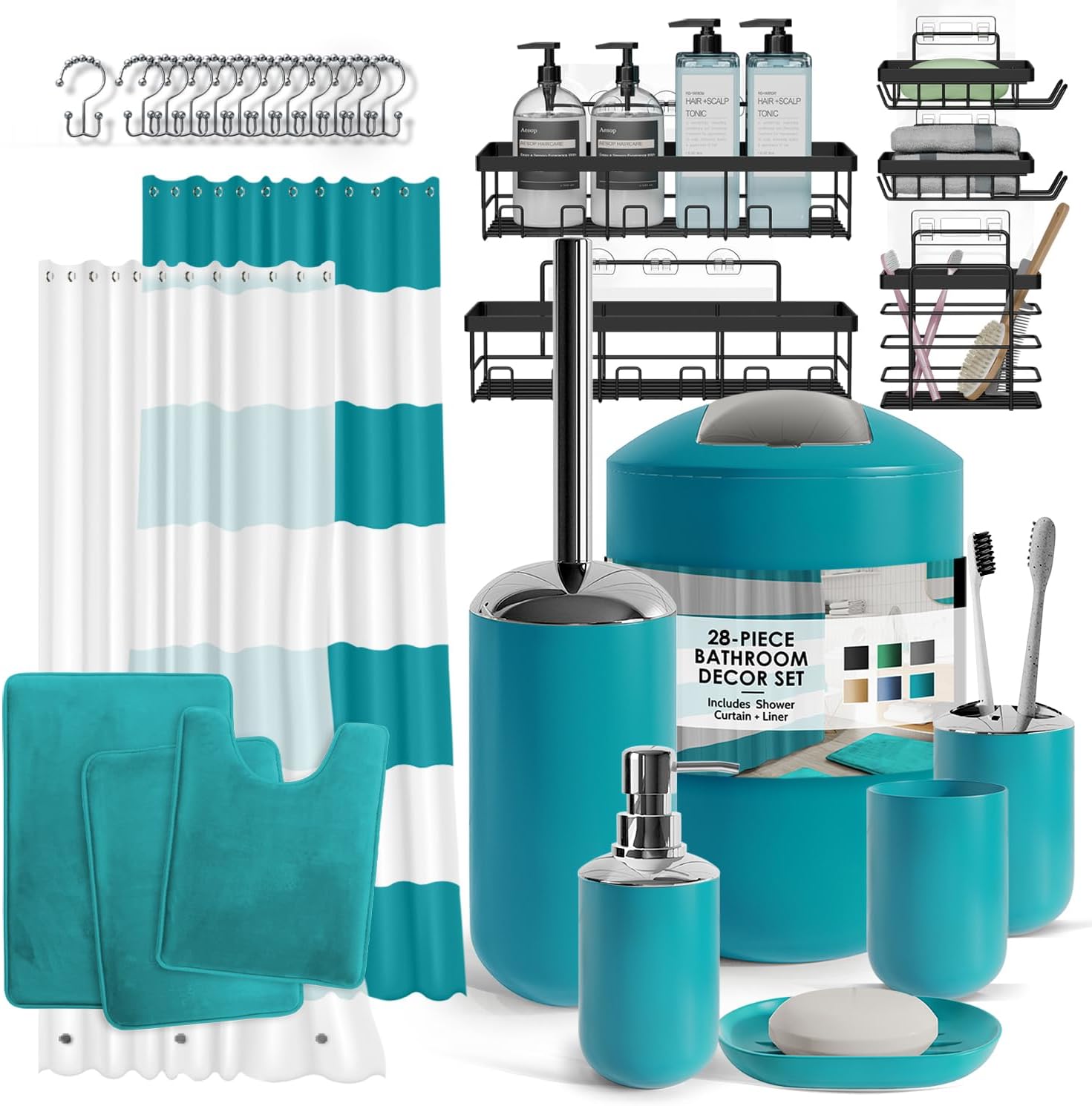 Teal Bathroom Accessories Set with Shower Curtain and Rugs