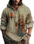 Mens Japanese Art Long Sleeve Hooded Shirt - Lightweight Casual Top