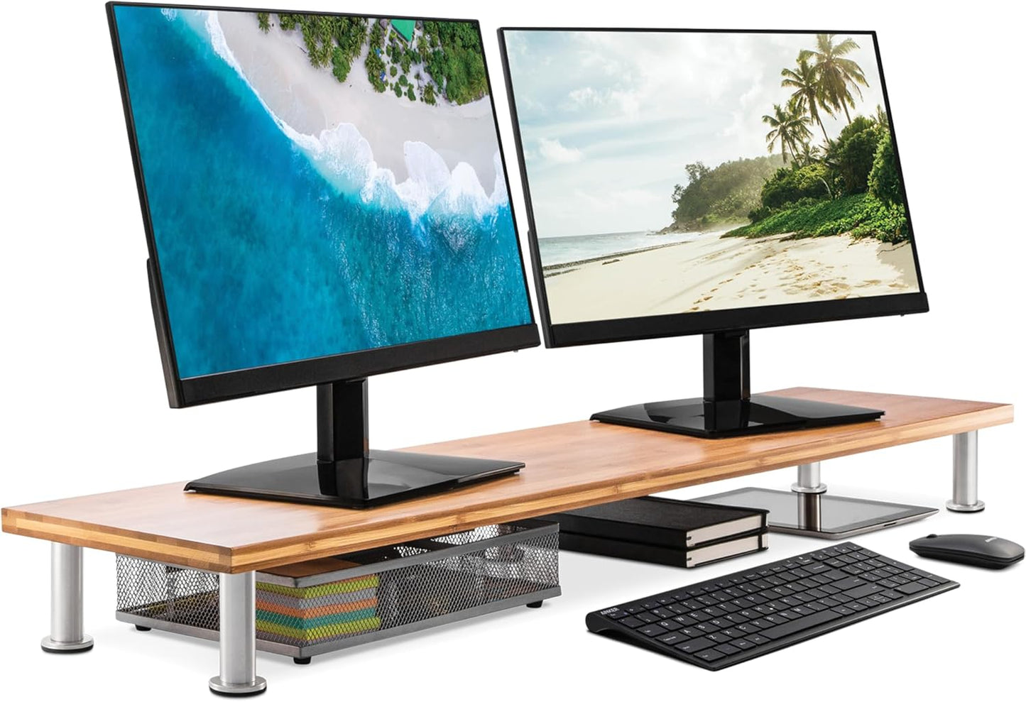 Bamboo Dual Monitor Stand - Ergonomic Desk Shelf