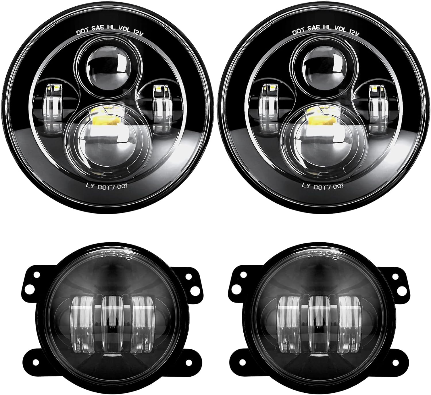 LX-LIGHT 7 Inch Black LED Headlights & 4 Inch Fog Lights Set