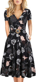 Women's Criss-Cross V Neck Tea Dress with Pockets - Faux Wrap Fit