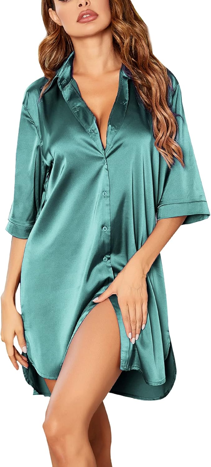 Ekouaer Women's Satin Nightshirt Button Down Sleepshirt Silk