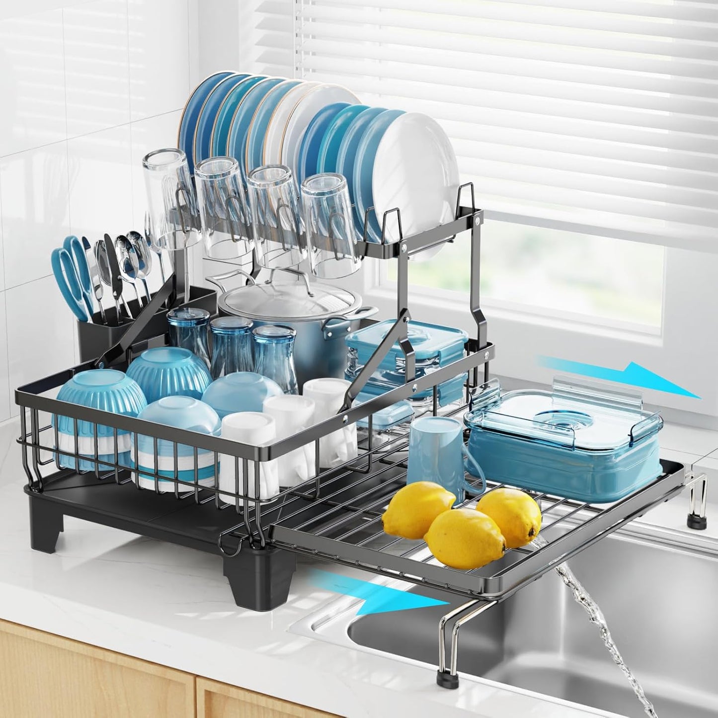 GSlife Large Dish Drying Rack - Expandable 2-in-1 Kitchen Rack