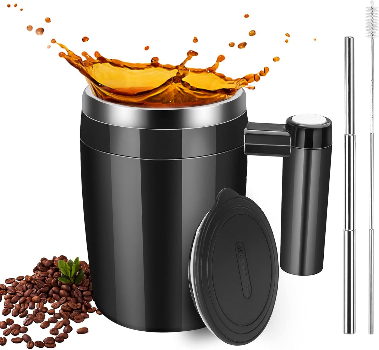 Vermida Self-Stirring Coffee Mug, 13oz, Stainless Steel, Double Wall Insulation - Effortless Mixing!